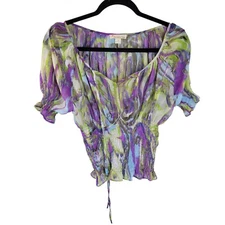 Twenty One Womens Sz S Multicolor Geometric Short Sleeve Smocked Blouse