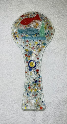 FUSED GLASS SPOON REST Textured Multicolor Confetti Fritz Pieces Fish & Evil Eye - Picture 4 of 4