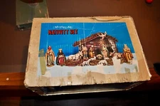 1950’s Japan Christmas Nativity Set Paper Mache Figures + Music Box Manger