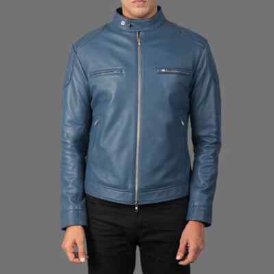 Stylish Blue Leather Jacket Genuine Lambskin Jacket Handmade Party Jacket