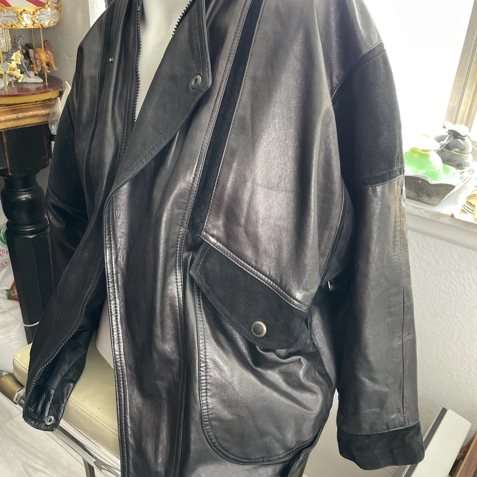 CHAQUETA DE CUERO FOURRURES VINTAGE Hecha en Francia Marrón Negro HOMBRE XL Bolsillos Foto 4 de 4