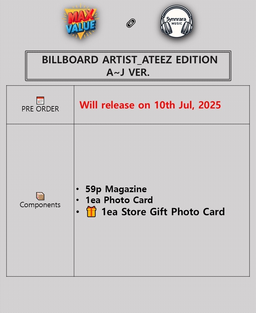 BILLBOARD ARTIST_ATEEZ EDITION A~J Ver./Magazine (Photo Book)+Card