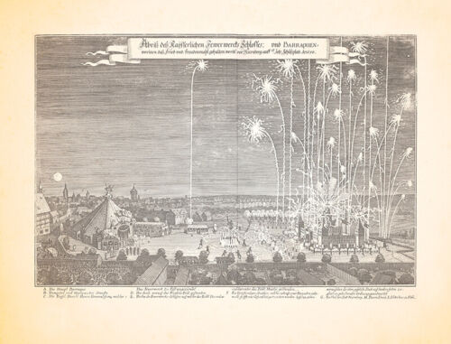 Das Feuerwerk zu Nürnberg Friedensbankett Hauptbarake Trompeterstand Merian 0928 - Bild 1 von 1