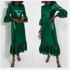 Pomander Place | NEW Emerald Crinkle Lurex Lillith Maxi Dress Size L