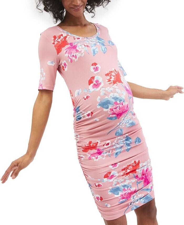 Motherhood Maternity Large Side-Ruched Maternity Dress in Pink Floral Motherhood Maternity Large Side-Ruched Maternity Dress in Pink Floral