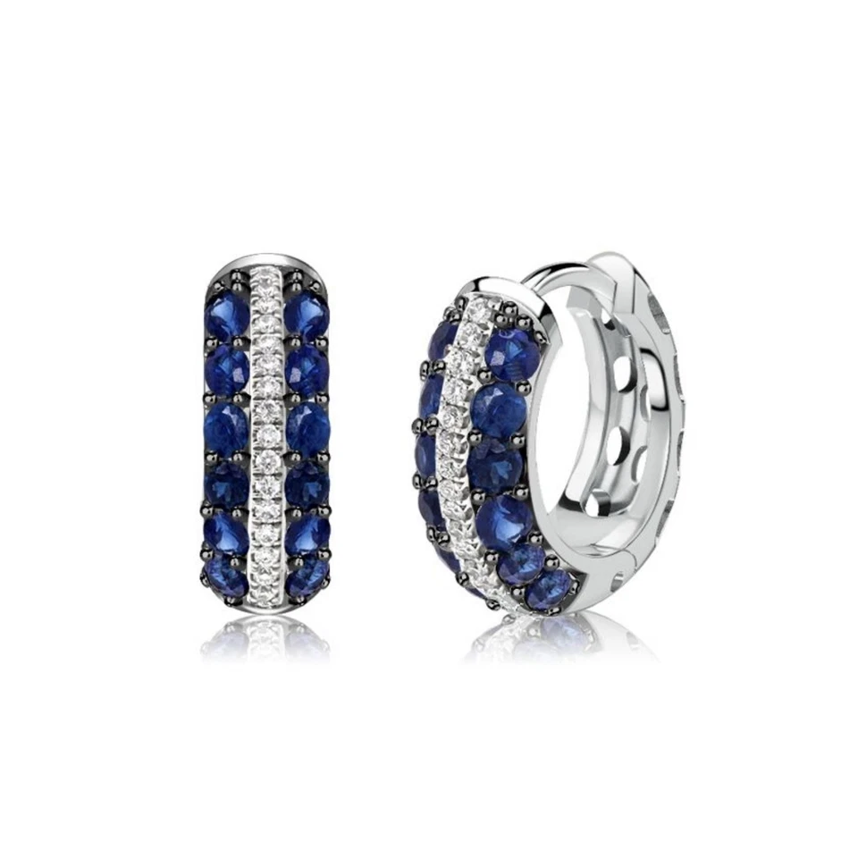 Lab Grown Blue Sapphire & Moissanite Huggie Hoop Earrings in 18K Gold Micron. - Image 3 of 4
