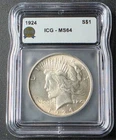 1924 Peace Dollar ICG MS64 Uncirculated Silver Coin Philadelphia Mint