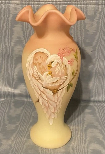 Vintage Rare Fenton  Hand Painted Burmese Glass Vase. Dove & Baby Love……….USA