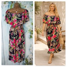 New Next Tropical Floral Midi Dress UK 20 Off The Shoulder Bardot Summer Holiday