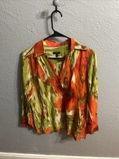 Talbots Abstract Print Split Neck Tunic Orange Lime Green Long Sleeve Size 10