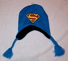 DC Comics Adults SUPERMAN Knit Hat S Logo Blue w/Black Fleece Lining Yarn Braids