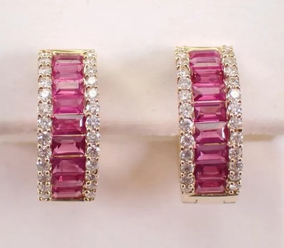 3Ct Emerald Cut Lab-Created Pink Ruby Huggie Hoop Earrings 14KYellow Gold Plated