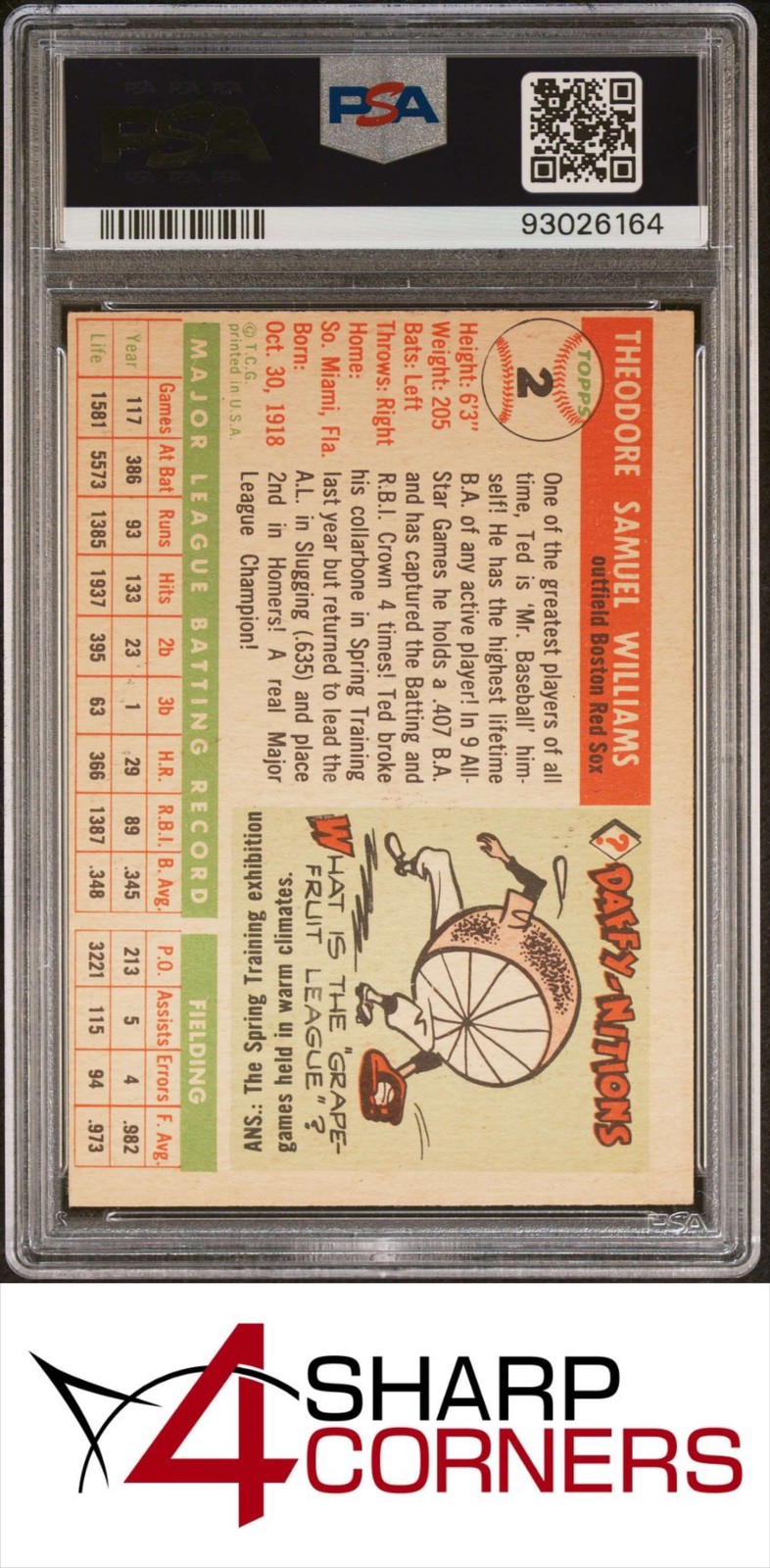 1955 TOPPS #2 TED WILLIAMS RED SOX HOF PSA 5 view 2