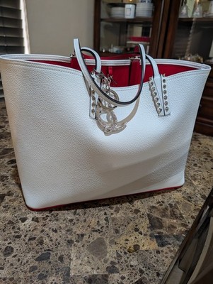 Christian Louboutin White Pebbled Large Tote Studded Handles Red Lining Charm