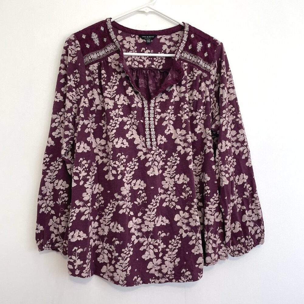 LUCKY BRAND Plus Size Split Neck Embroidered Peas… - image 1