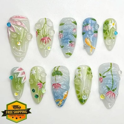 NEWSPIED Koi Lotus Almond Press on Nails
