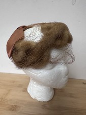 Pillbox Hat 1940s 50s Crochet Net Mink Fur Brown Satin Bow