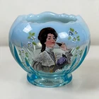 Vintage Fenton Blue Opalescent Coca-Cola Gibson Girl Rose Bowl Hand Painted Vase