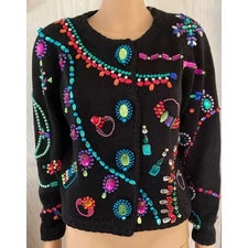 VTG MICHAEL SIMON NEW YORK Bejeweled Beaded Knit Cardigan Boho SWEATER Size L/XL
