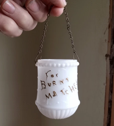 FOR BURNT MATCHES" EMB 1890 MILKGLASS MATCH HOLDER HUNG FROM HANGING OIL LAMP