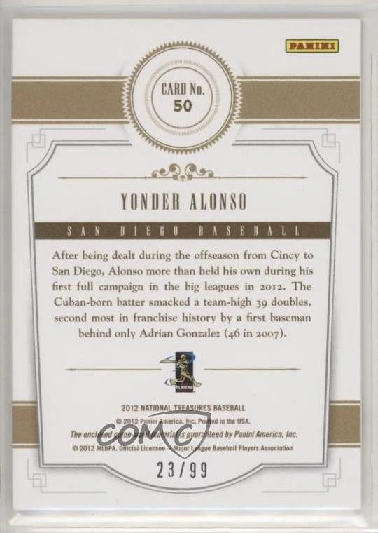 2012 Panini National Treasures Treasure Materials /99 Yonder Alonso #50 - Image 2 of 2