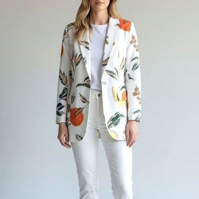 SHEIN Unity Lemon Fruit Print Double Breasted Blazer Size S White