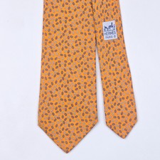 HERMES TIE 605107 SA Blue Maillon on Orange Silk Necktie