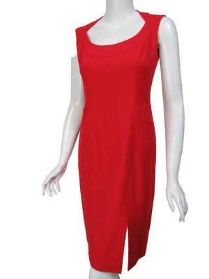 ESCADA Cherry Red Basketweave Cotton Scoop Neck Seam Detail Dress D 36 US 6