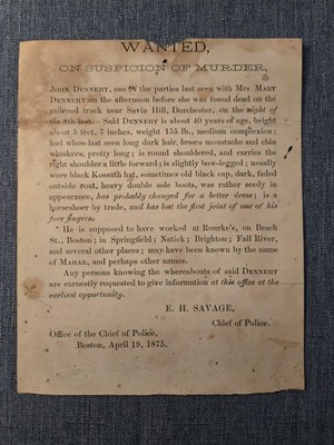 WANTED NOTICE Suspicion of MURDER Boston MA 1875 GREAT DETAIL