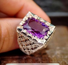 Natural Purple Amethyst Gemstone 925 Sterling Silver Men's Ring
