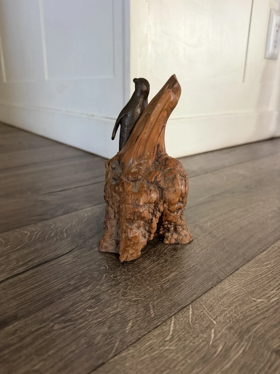 Metal Penguin On Burl Wood Natural Root Abstract Brutalist Sculpture