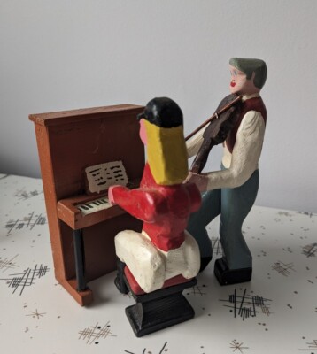 Folk Art Fiddler Man W Fiddler Piano Player Woman Bench