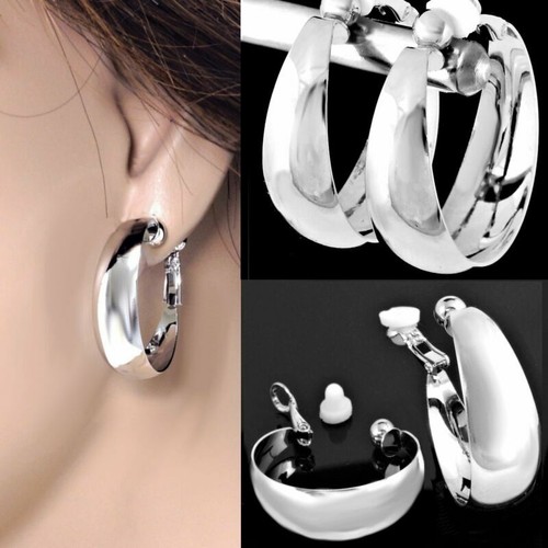 #C100 Non-Pierced Clip-On 1", 1.2",1.5" or 2" Polished Round Wide Hoops Earrings - Picture 14 of 41