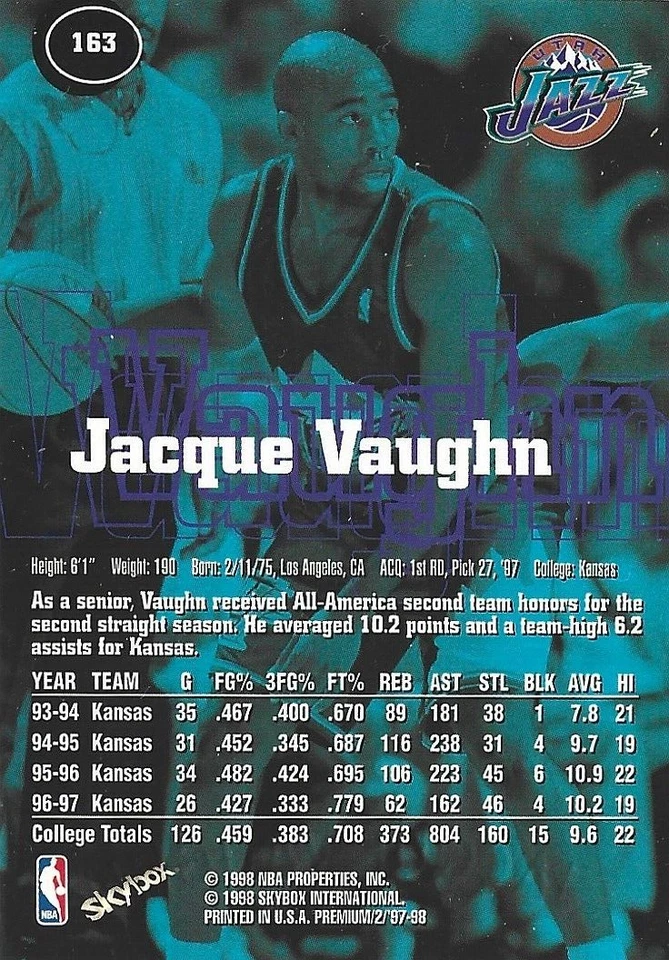 Jacque Vaughn Autographed 1998 Skybox Premium Basketball Card 163 Jazz Rookie - Image 2 of 2