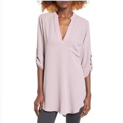 Lush Mauve Pink Roll Tab Sleeve V-Neck Tunic Blouse T7131-001 Womens Small