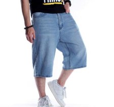 Men's Light Blue Wide Leg Hip Hop Punk Boys Denim Jeans Shorts Loose Fit Cotton