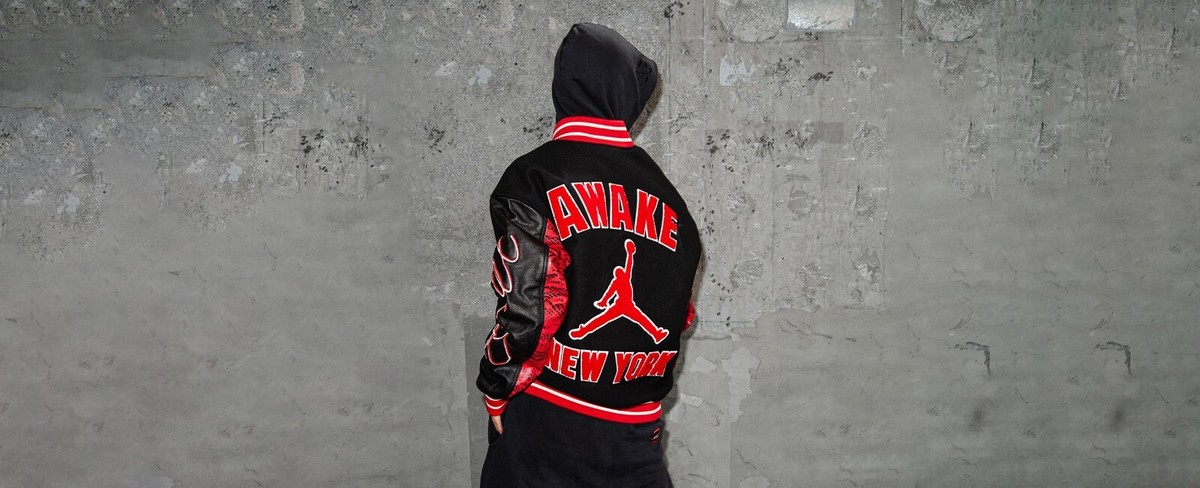 Nike JORDAN x Awake NY Varsity Jacket Red Black FQ5439-657 Nike JORDAN x Awake NY Varsity Jacket Red Black FQ5439-657