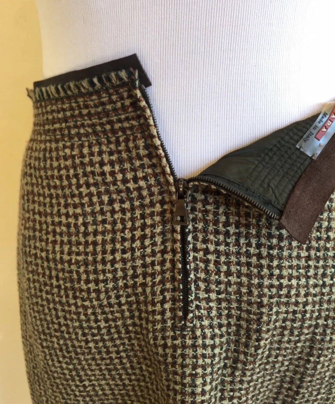 PRADA Authentic Herringbone Wool Leather Trimmed … - image 4