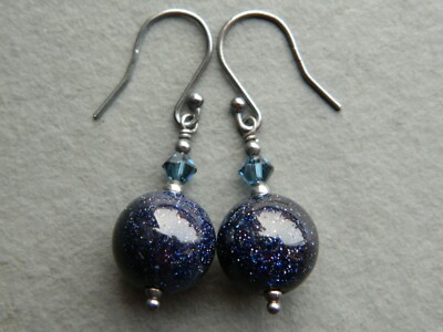 Navy Blue Goldstone, Swarovski Elements & Oxidised 925 Sterling Silver Earrings