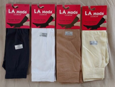 4 Pairs LA Moda Trouser Socks W/ Comfort Band Spandex Size 9-11 White Beige Grey