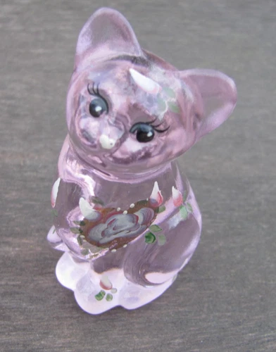 Fenton Pink Cat Small 2.5 Inches Clear Glass Vtg Artist Signed J Kunz Cute Rare