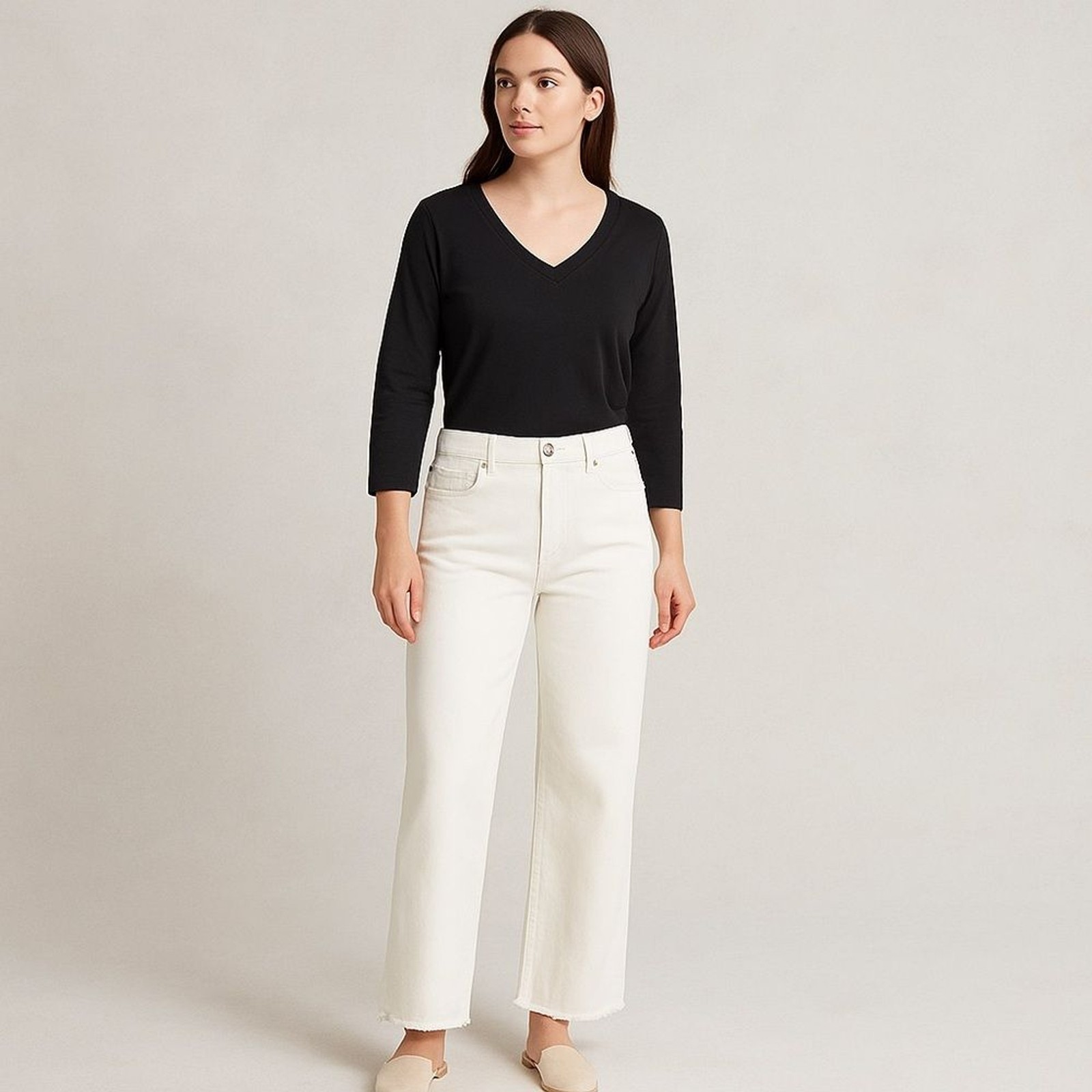 High Rise Cream White Wide-Leg Jeans Raw Hem Jeans Size Small