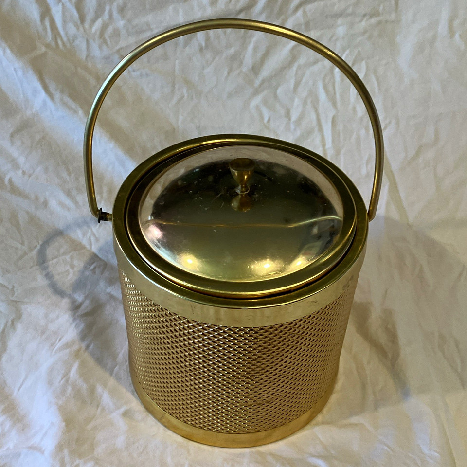 Vintage gold textured ice bucket Mid Century Barware with lid Brass metal decor