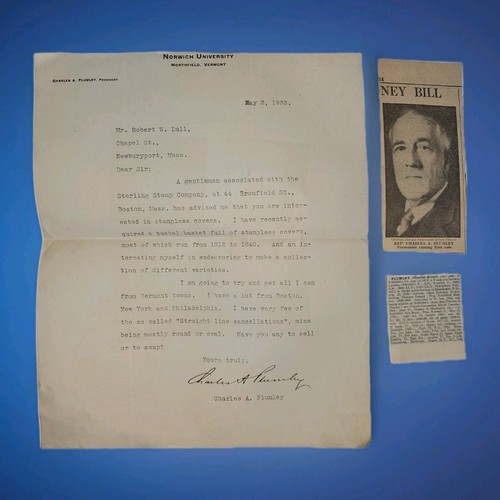 1933 Charles A Plumley ALS Letter Vermont Congressman Norwich Univ + Photo