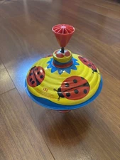 Vintage LBZ 6" Spinning Toy Top Tin Metal West Germany Lady Bug Red Wood Handle