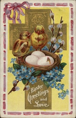 Easter Greetings Vintage Postcard with Birds and Eggs