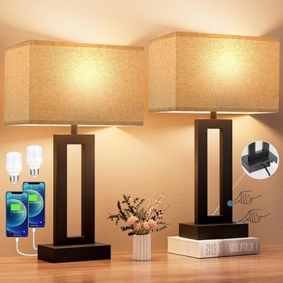 Bedroom Lamps for Night Stands - Touch Control, 3 Way Dimmable, USB C+A Charging