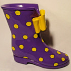 Cowgirl ceramic boot coin bank 7 1/2" tall purple w/yellow polka dots and bow — photo 4
