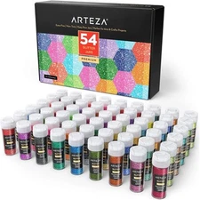 ARTEZA Fine Glitter, Set of 54 Colors, Shaker Jars (0.34oz/9.6 g) Extra FIne