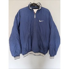 Vintage 90s Nike Insulated Half Zip Pullover Jacket Navy Blue Striped Trim Med